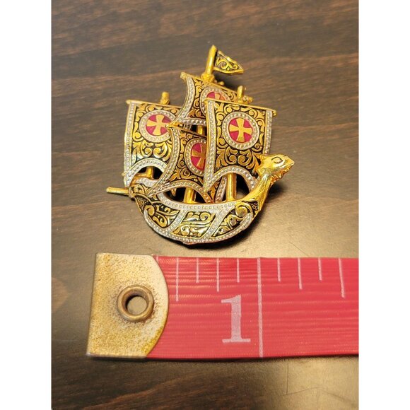 Vintage Gold Tone Ship Brooch Pin Damascene Toledoware Souvenir Jewelry Spain - Picture 3 of 4